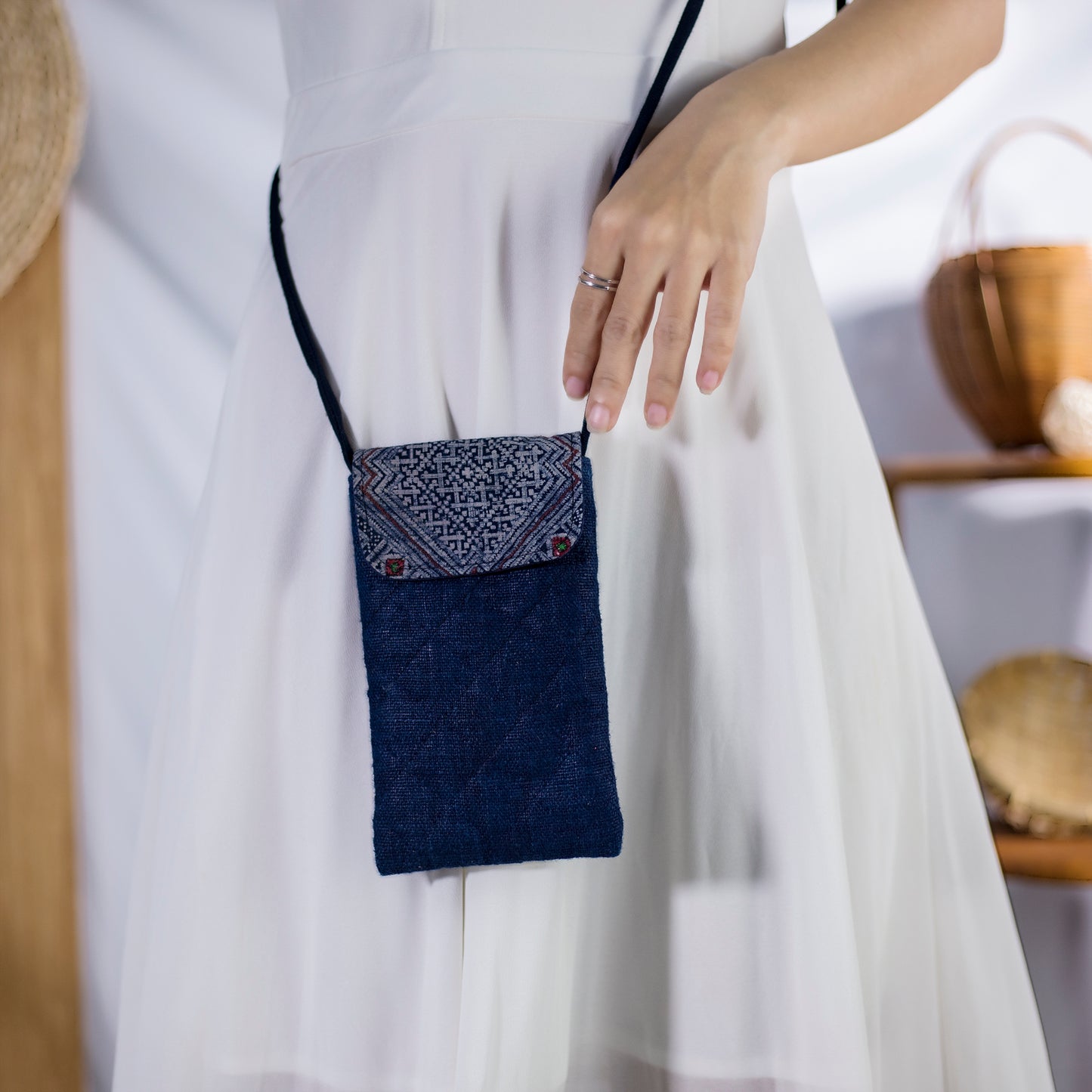 Cross-body phone bag, INDIGO BLUE hemp with batik fabric