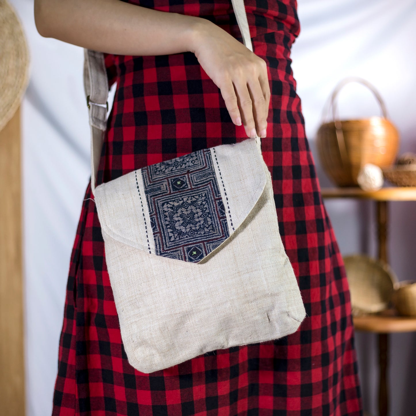 Purity Collection: Cross-body bag, natural hemp in WHITE with vintage patch