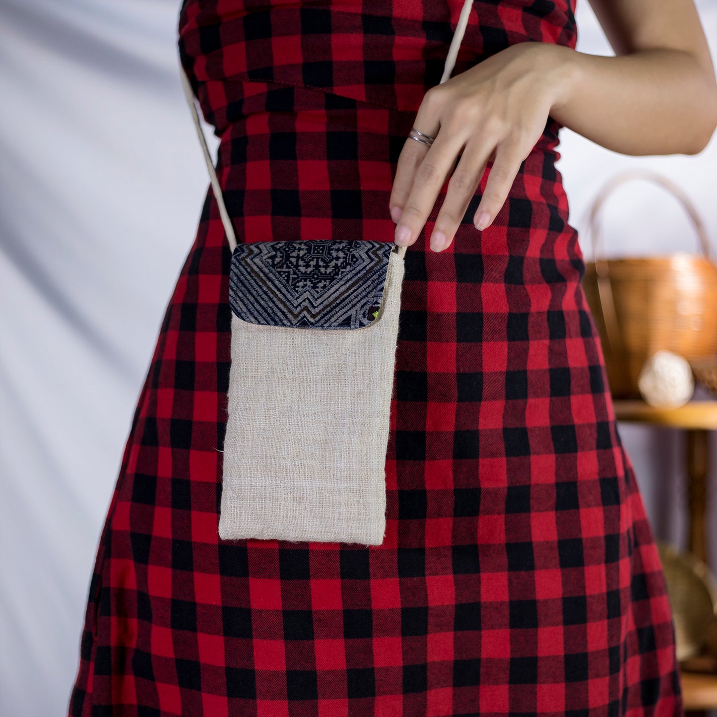 Cross-body phone bag, WHITE hemp with batik fabric