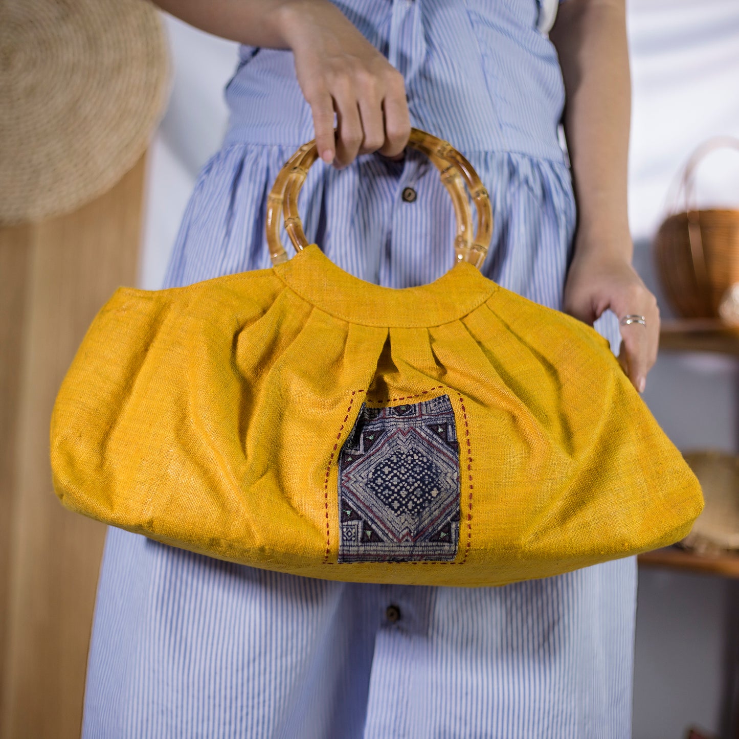 Bamboo handle bag, natural hemp in YELLOW with vintage patch