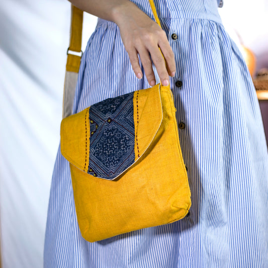 Purity Collection: Cross-body bag, natural hemp in YELLOW with vintage patch