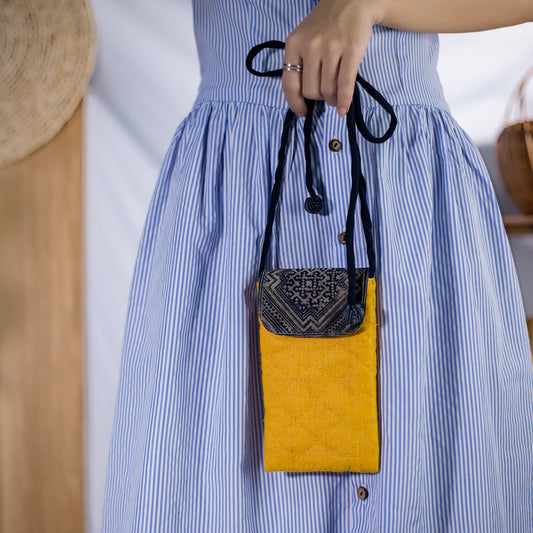 Cross-body phone bag, YELLOW hemp with batik fabric