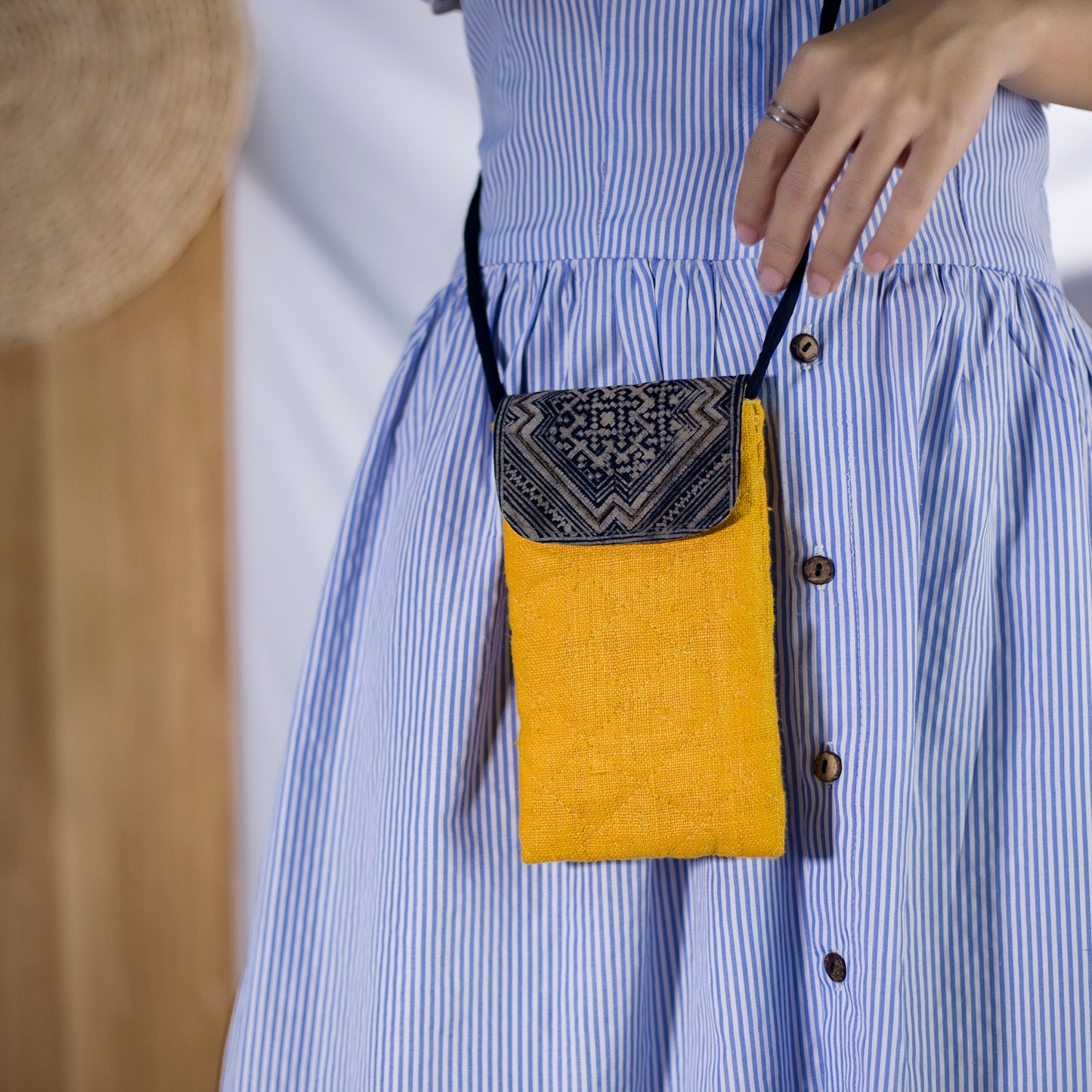 Cross-body phone bag, YELLOW hemp with batik fabric