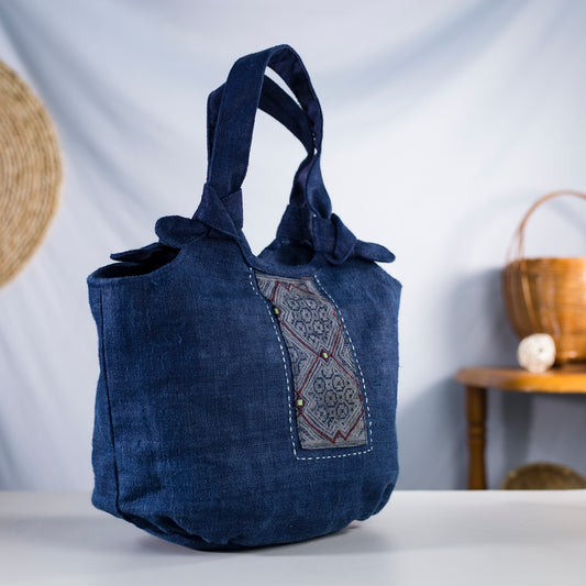 Bunny ear handbag, natural hemp in BLUE with vintage patch