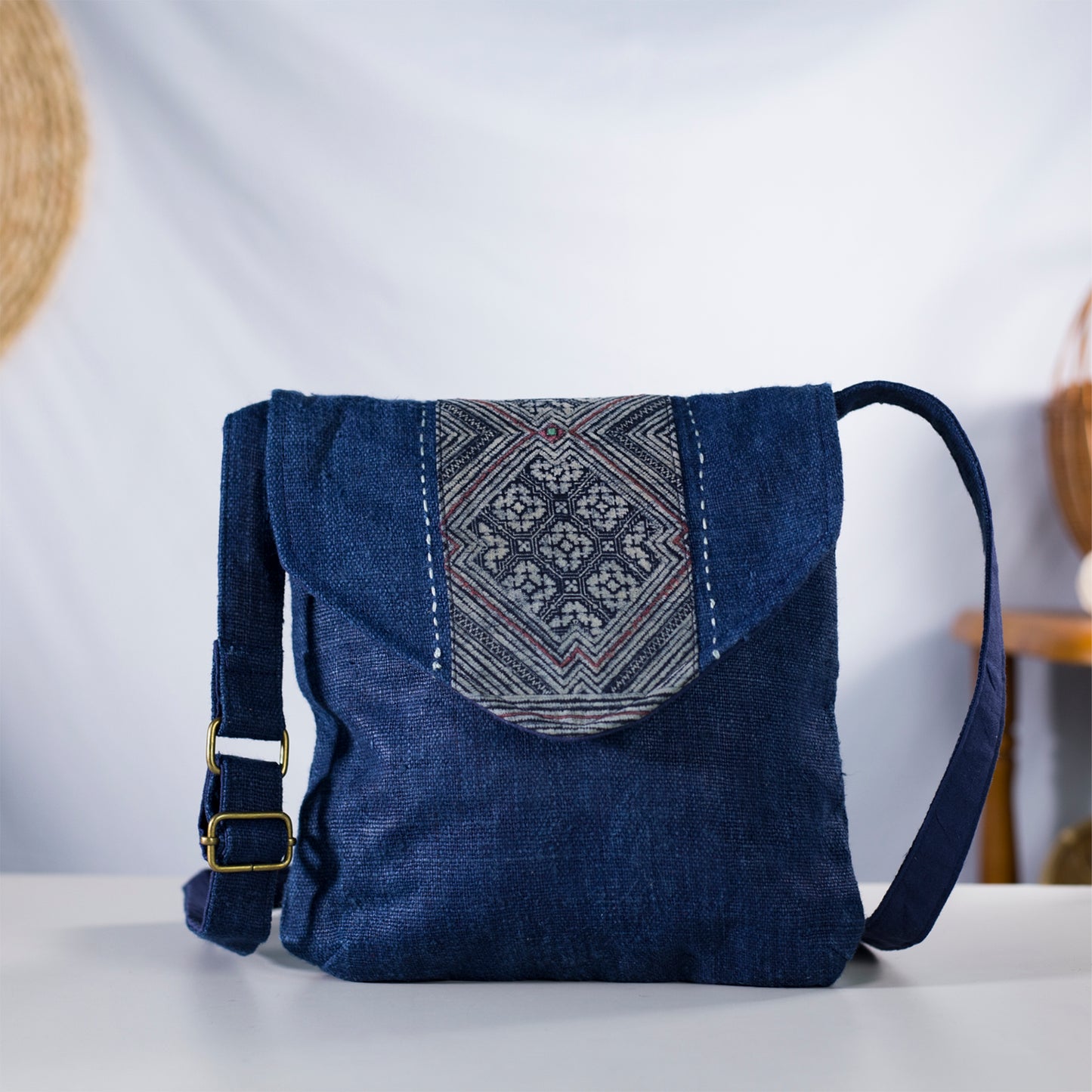 Purity Collection: Cross-body bag, natural hemp in BLUE, vintage patch