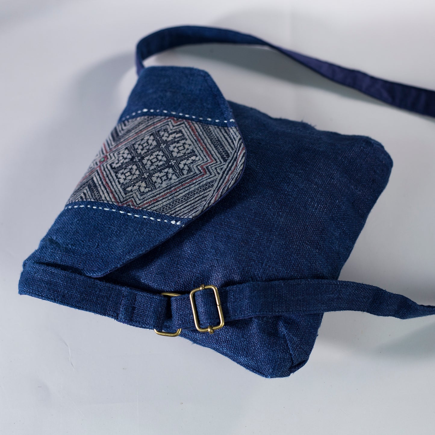 Purity Collection: Cross-body bag, natural hemp in BLUE, vintage patch