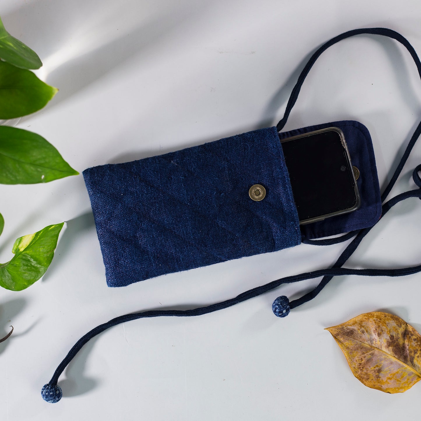 Cross-body phone bag, INDIGO BLUE hemp with batik fabric