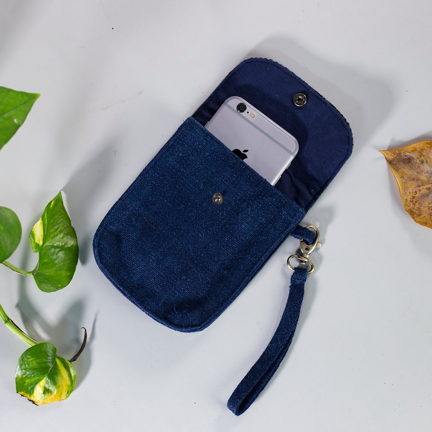 Flip phone belt bag, wrist bag option, natural hemp in INDIGO BLUE color