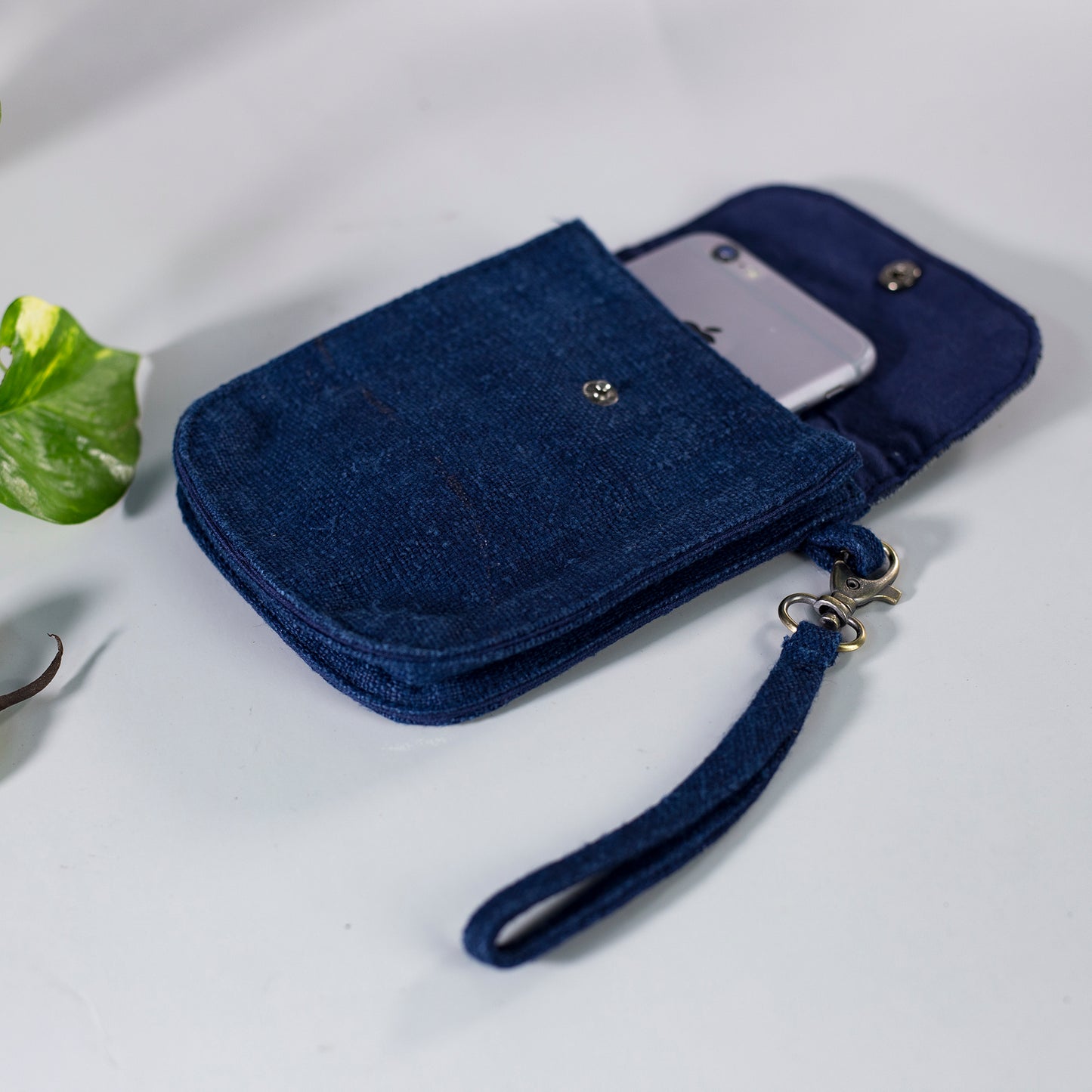 Flip phone belt bag, wrist bag option, natural hemp in INDIGO BLUE color