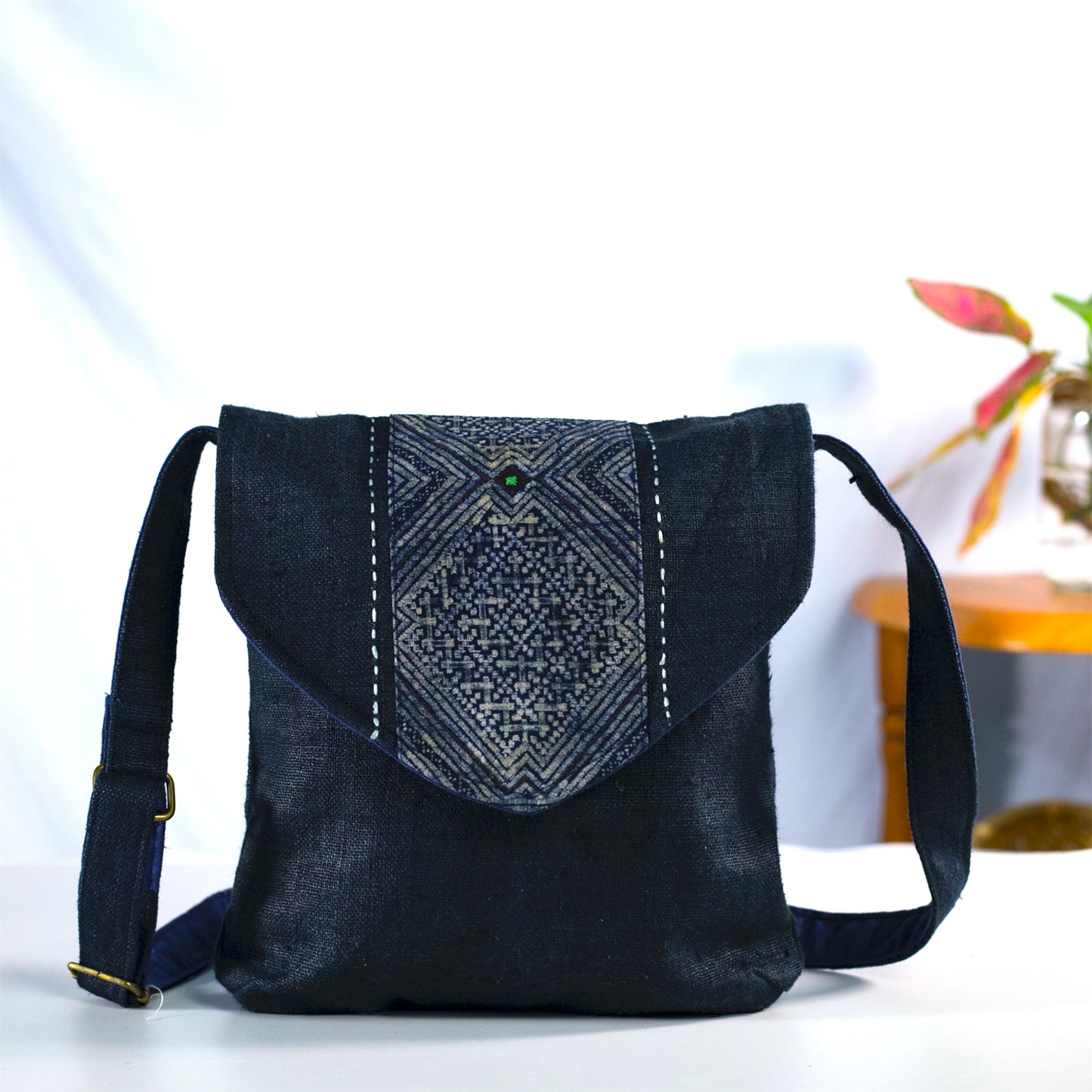 Purity Collection: Cross-body bag, natural hemp in BLACK with vintage patch