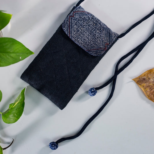 Cross-body phone bag, BLACK hemp with batik fabric