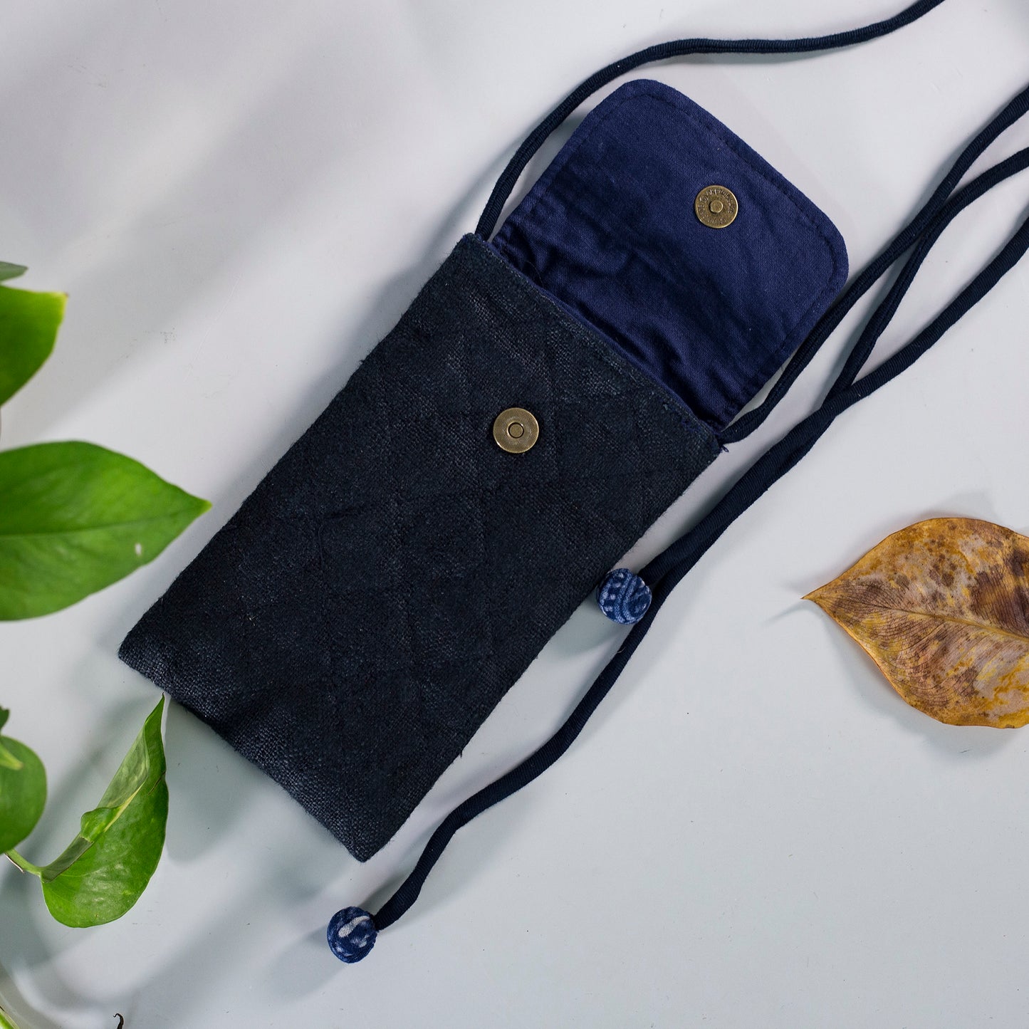 Cross-body phone bag, BLACK hemp with batik fabric