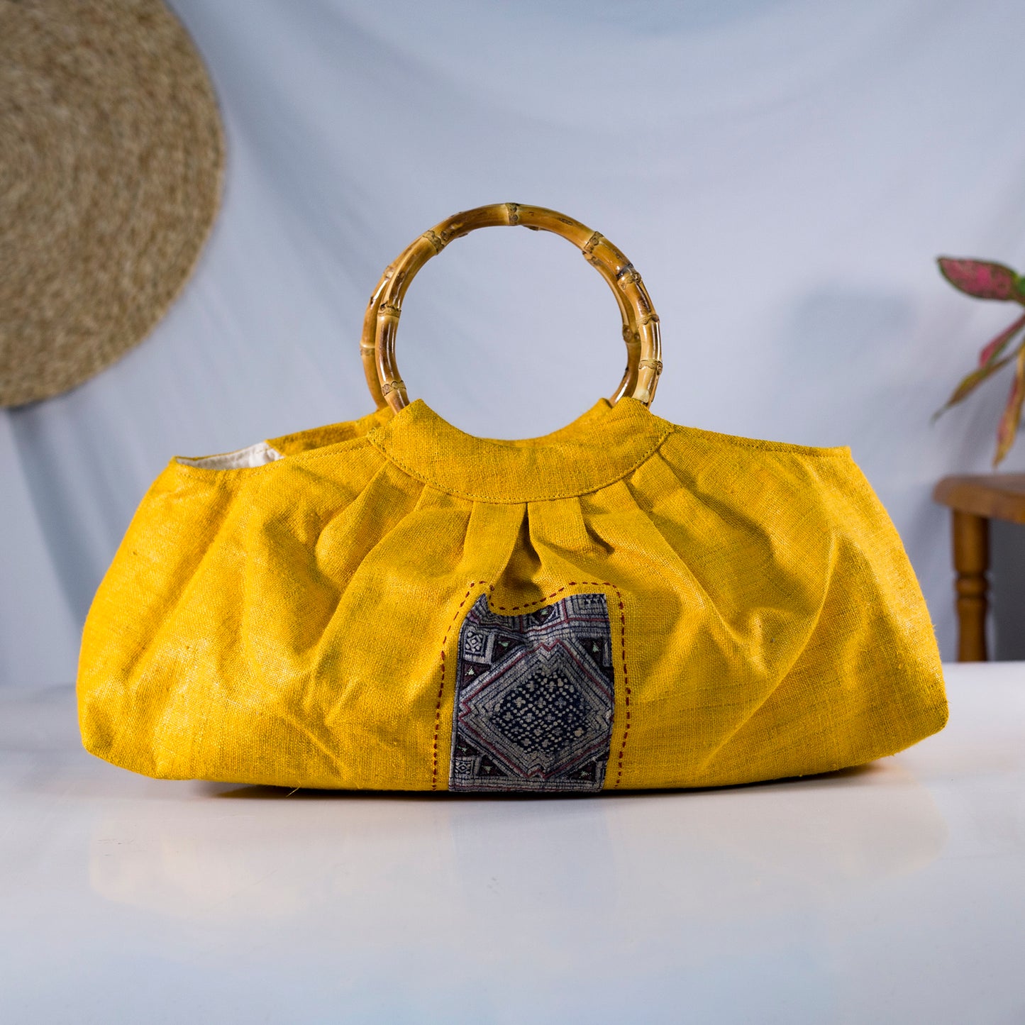 Bamboo handle bag, natural hemp in YELLOW with vintage patch