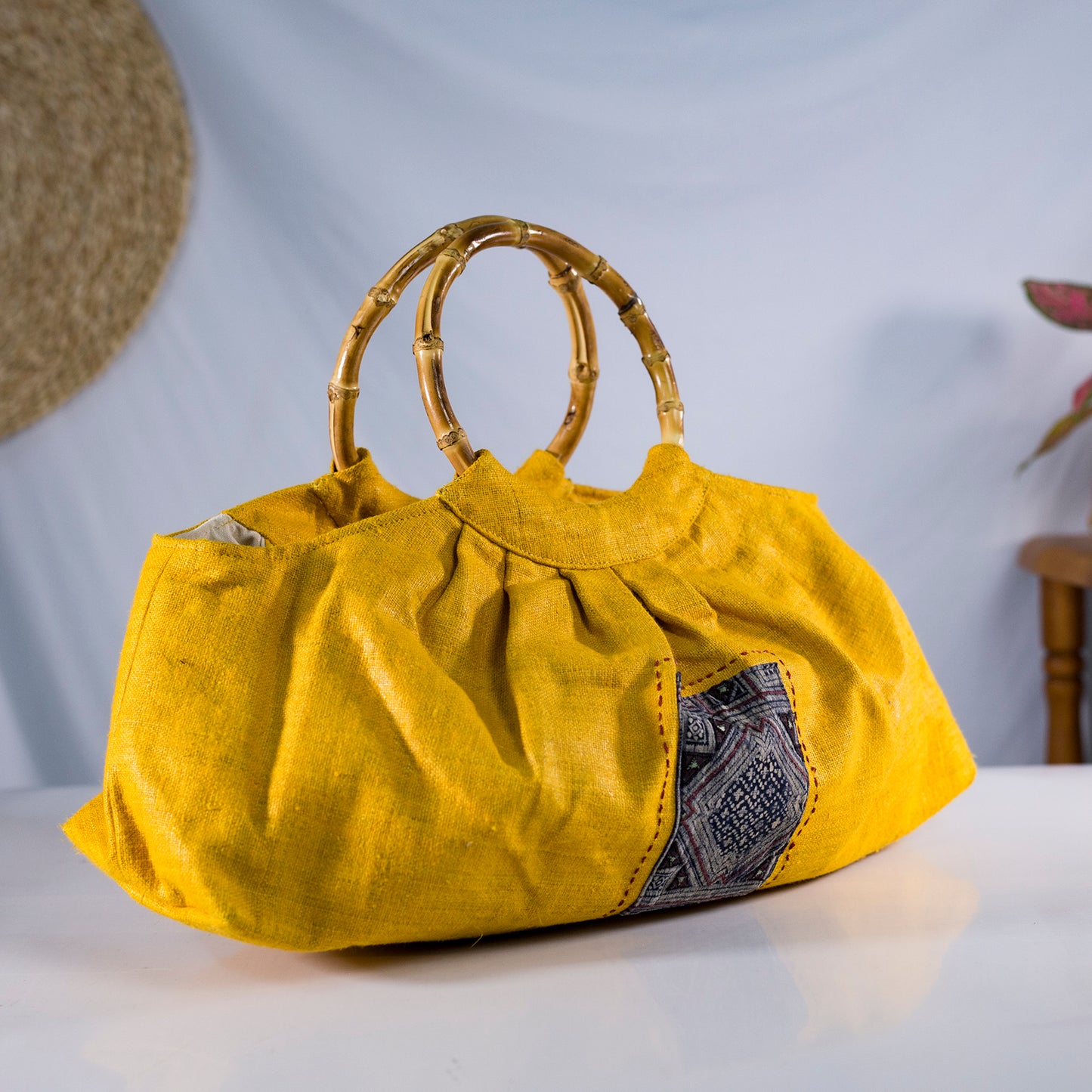 Bamboo handle bag, natural hemp in YELLOW with vintage patch