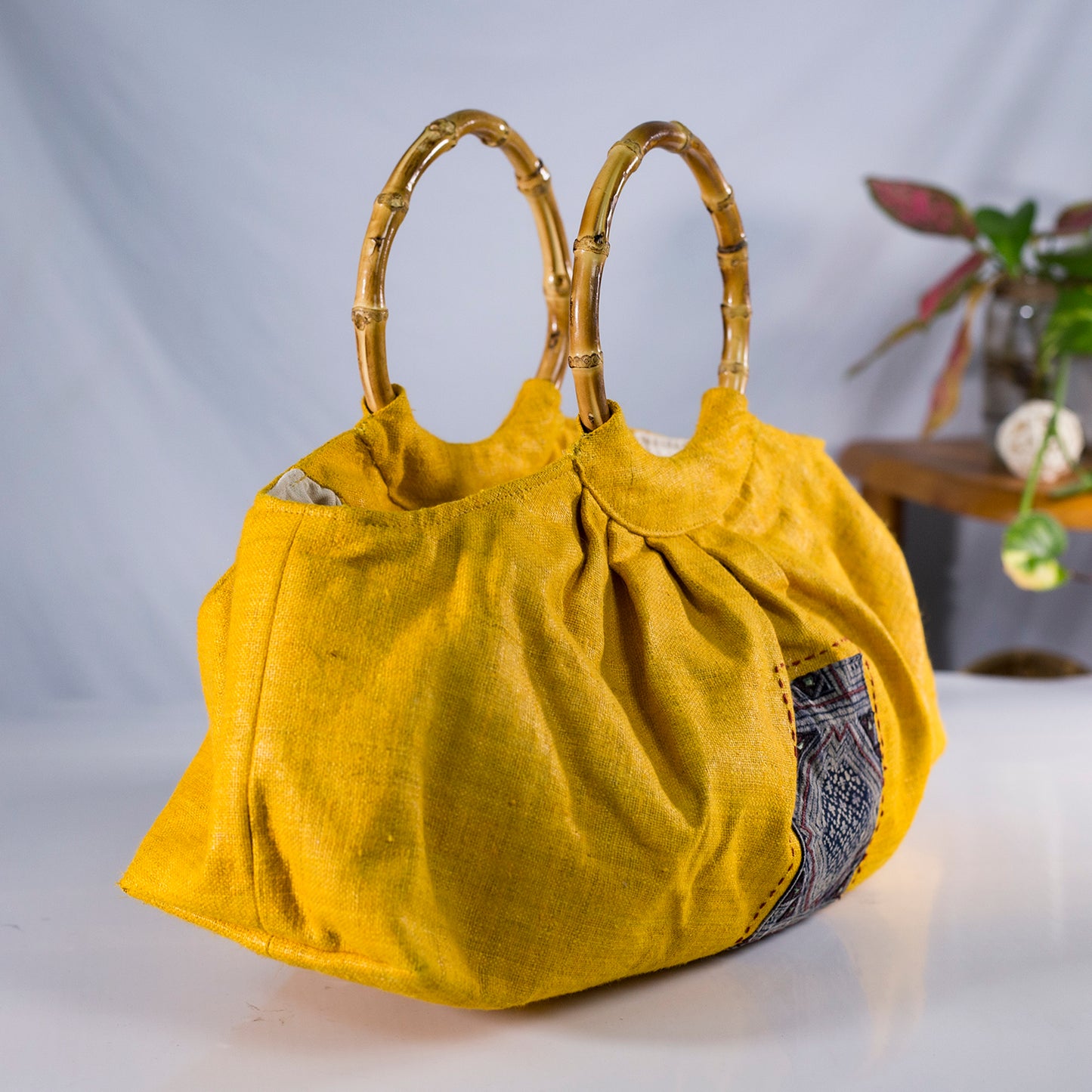 Bamboo handle bag, natural hemp in YELLOW with vintage patch