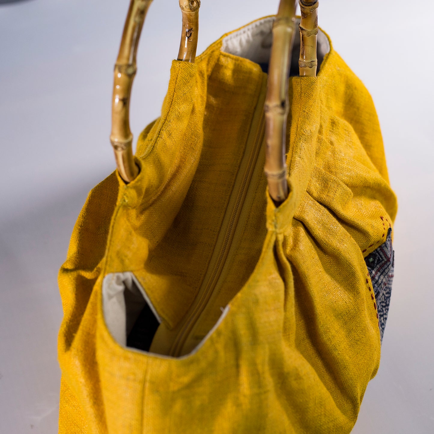 Bamboo handle bag, natural hemp in YELLOW with vintage patch