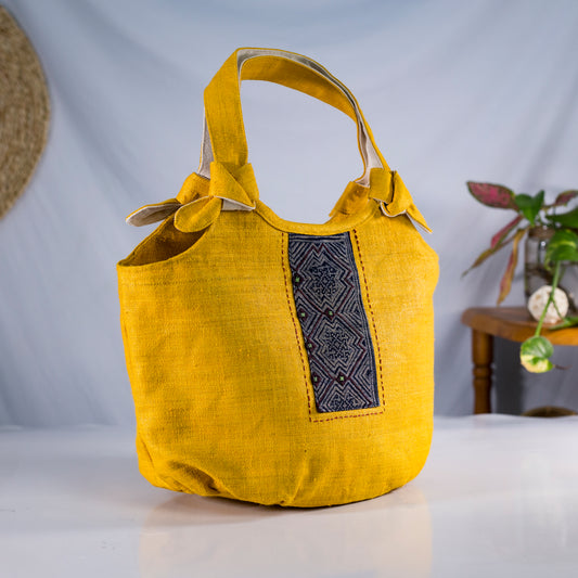 Bunny ear handbag, natural hemp in YELLOW with vintage patch