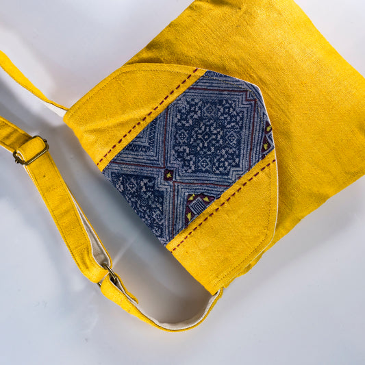 Purity Collection: Cross-body bag, natural hemp in YELLOW with vintage patch