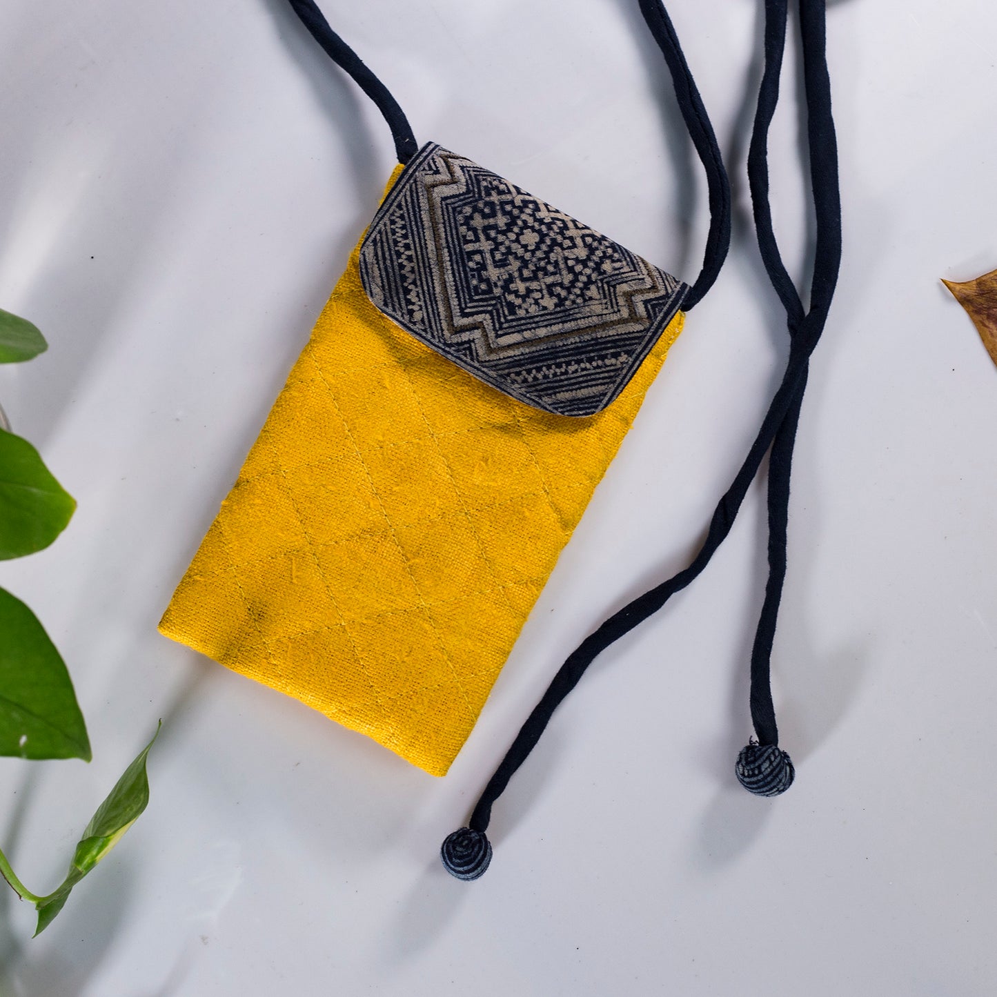 Cross-body phone bag, YELLOW hemp with batik fabric