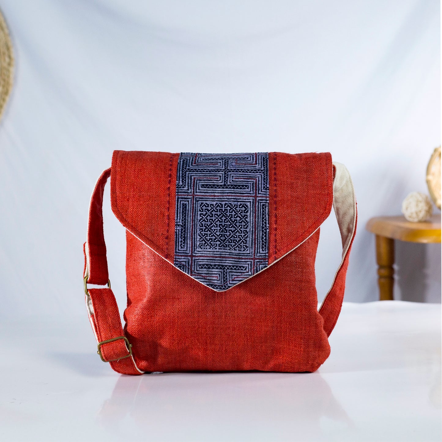 Purity Collection: Cross-body bag, natural hemp in RED, vintage patch