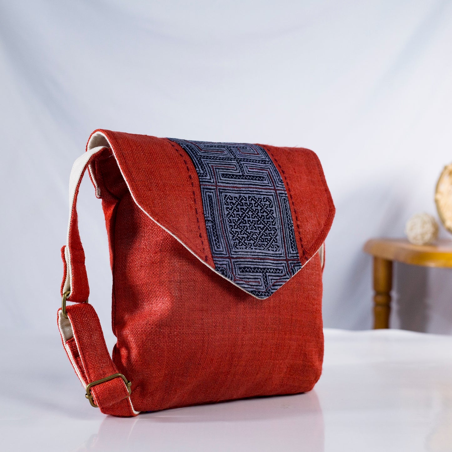 Purity Collection: Cross-body bag, natural hemp in RED, vintage patch