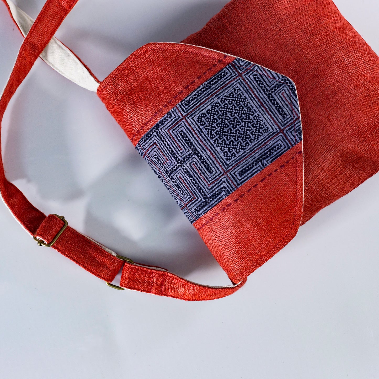 Purity Collection: Cross-body bag, natural hemp in RED, vintage patch