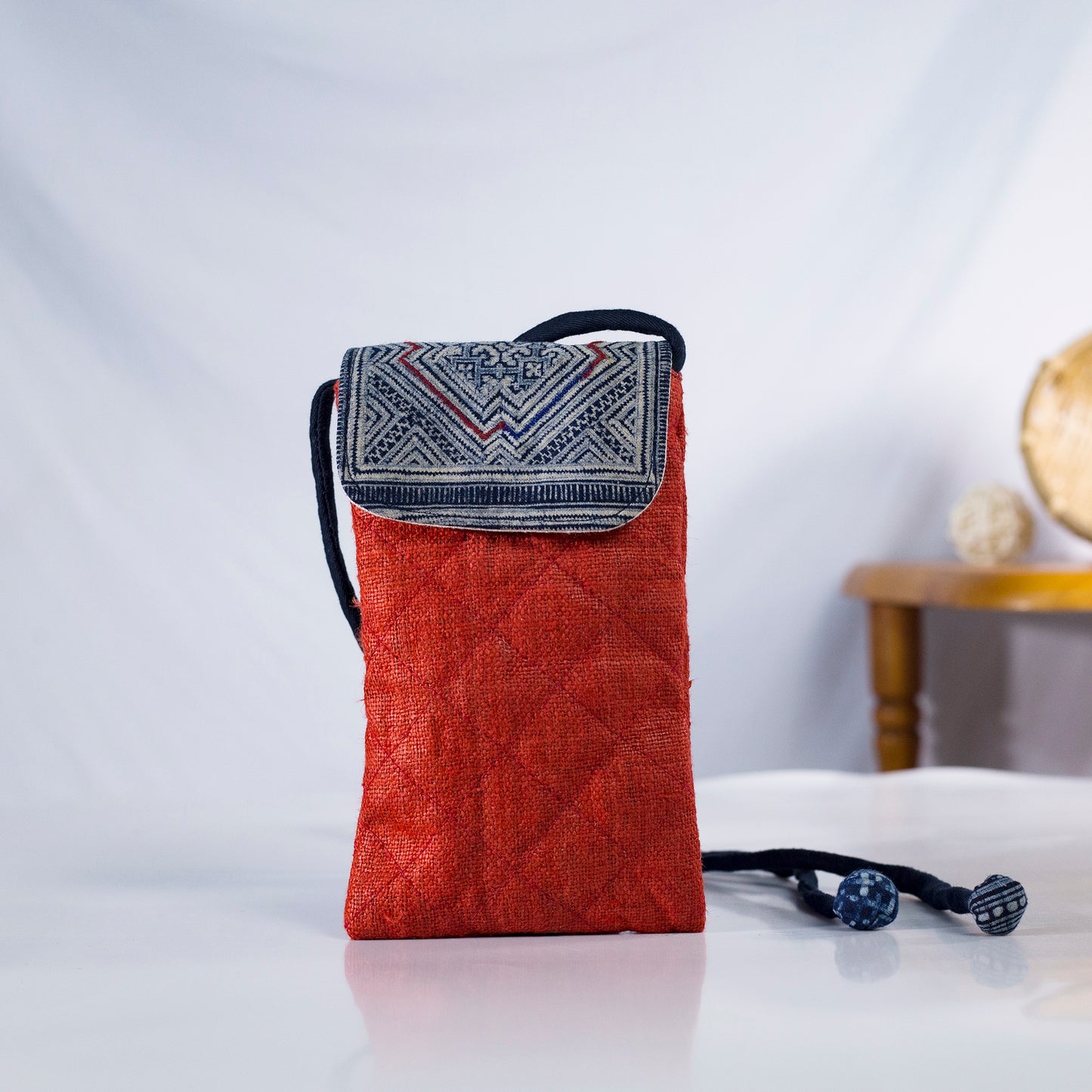 Cross-body phone bag, RED hemp with batik fabric