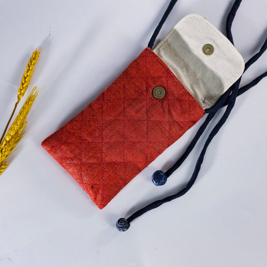 Cross-body phone bag, RED hemp with batik fabric