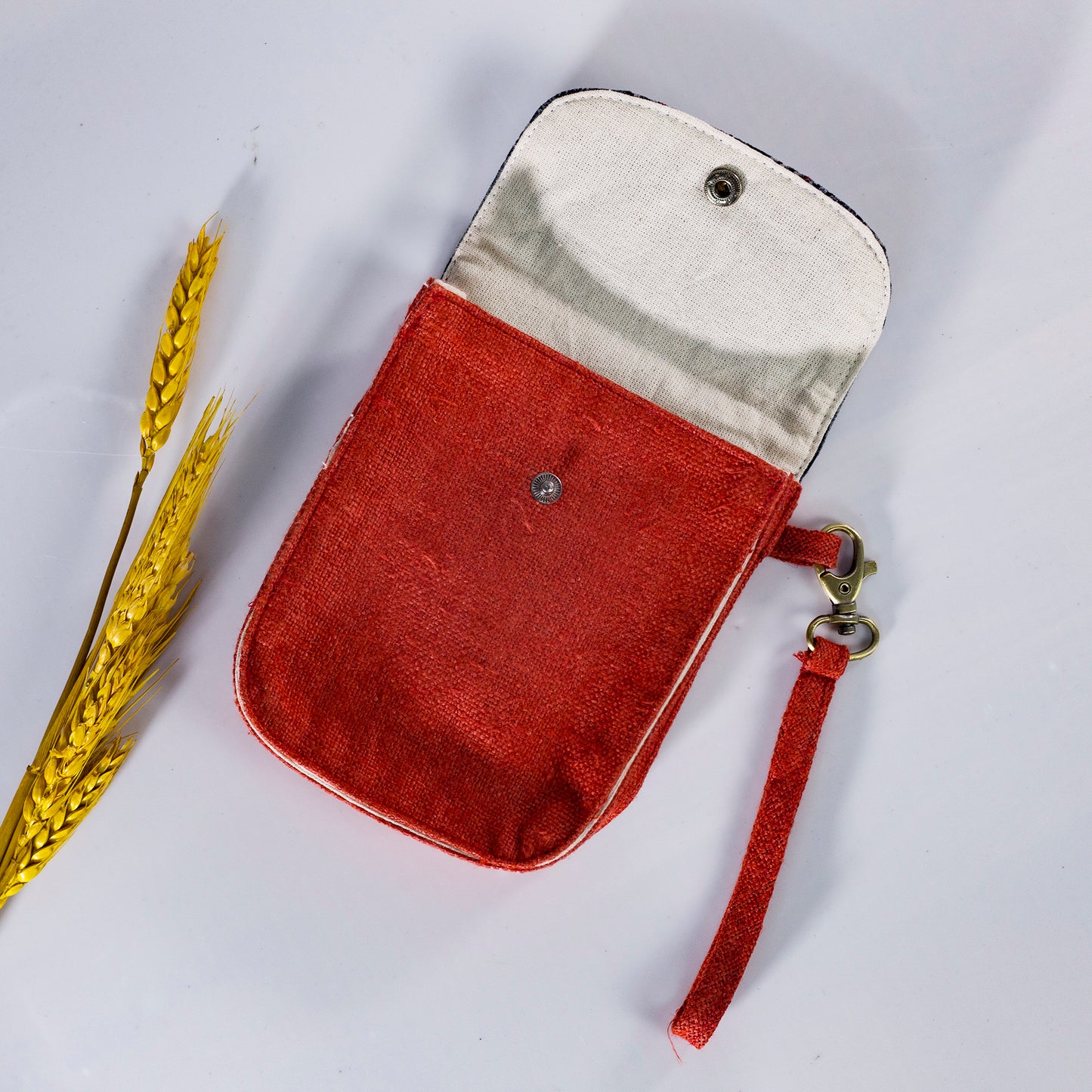 Flip phone belt bag, wrist bag option, natural hemp in RED color