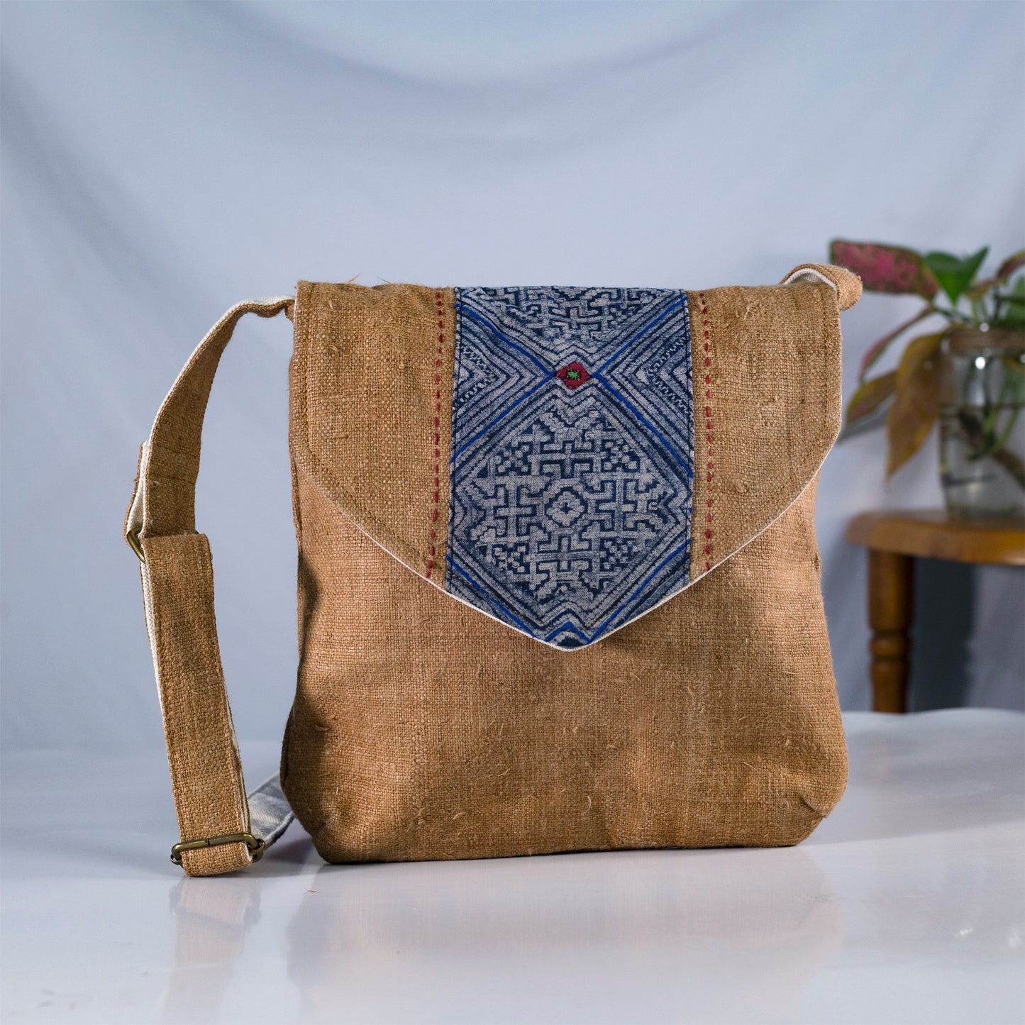 Purity Collection: Cross-body bag, natural hemp in BROWN with vintage patch