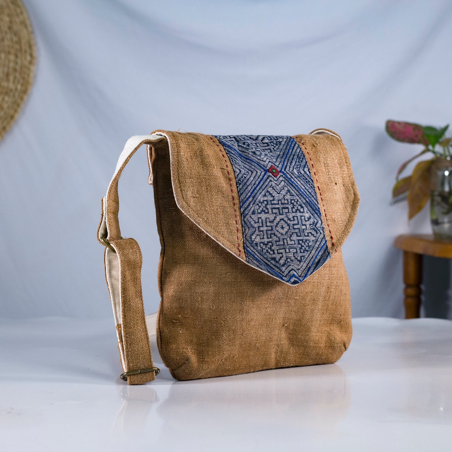 Purity Collection: Cross-body bag, natural hemp in BROWN with vintage patch