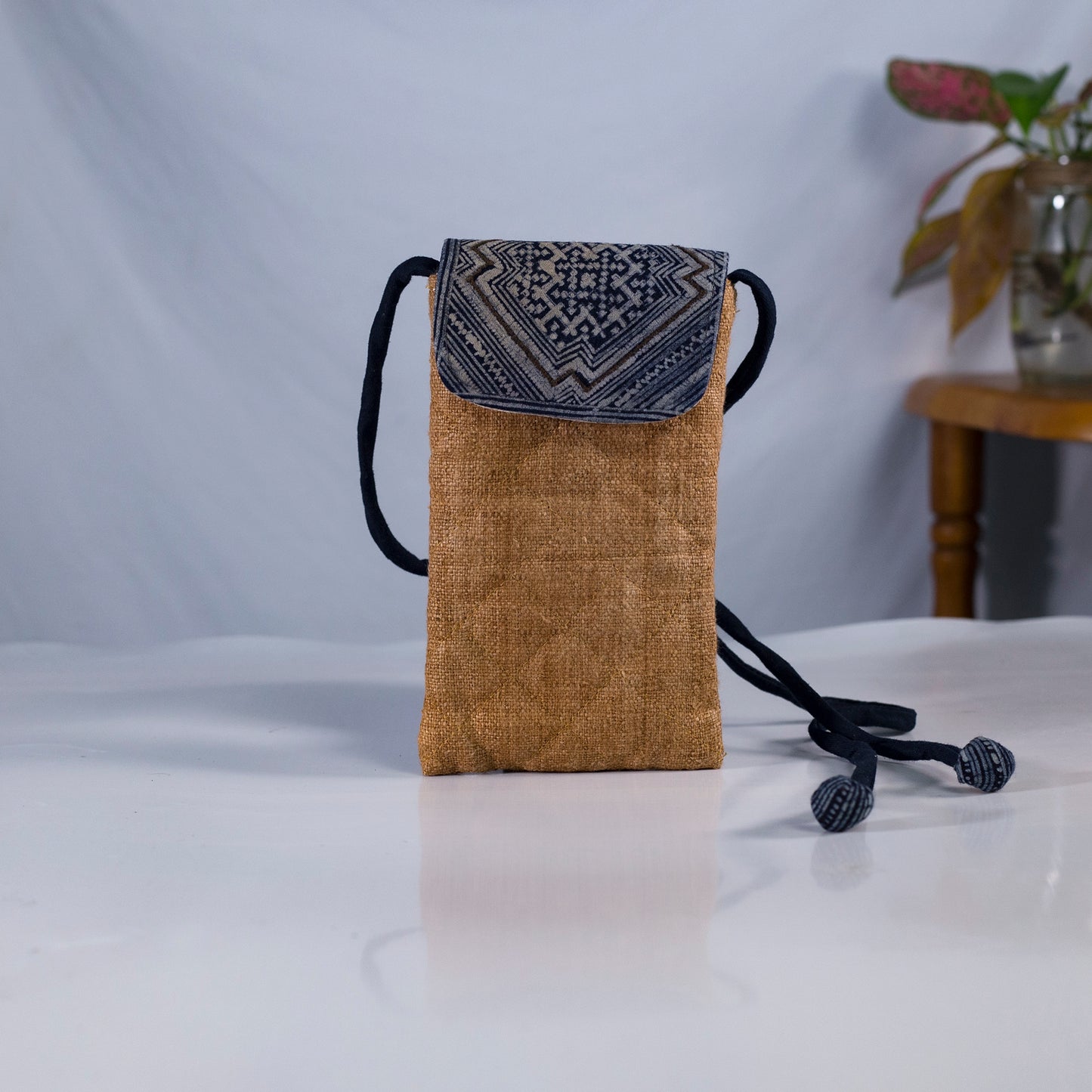 Cross-body phone bag, BROWN hemp with batik fabric