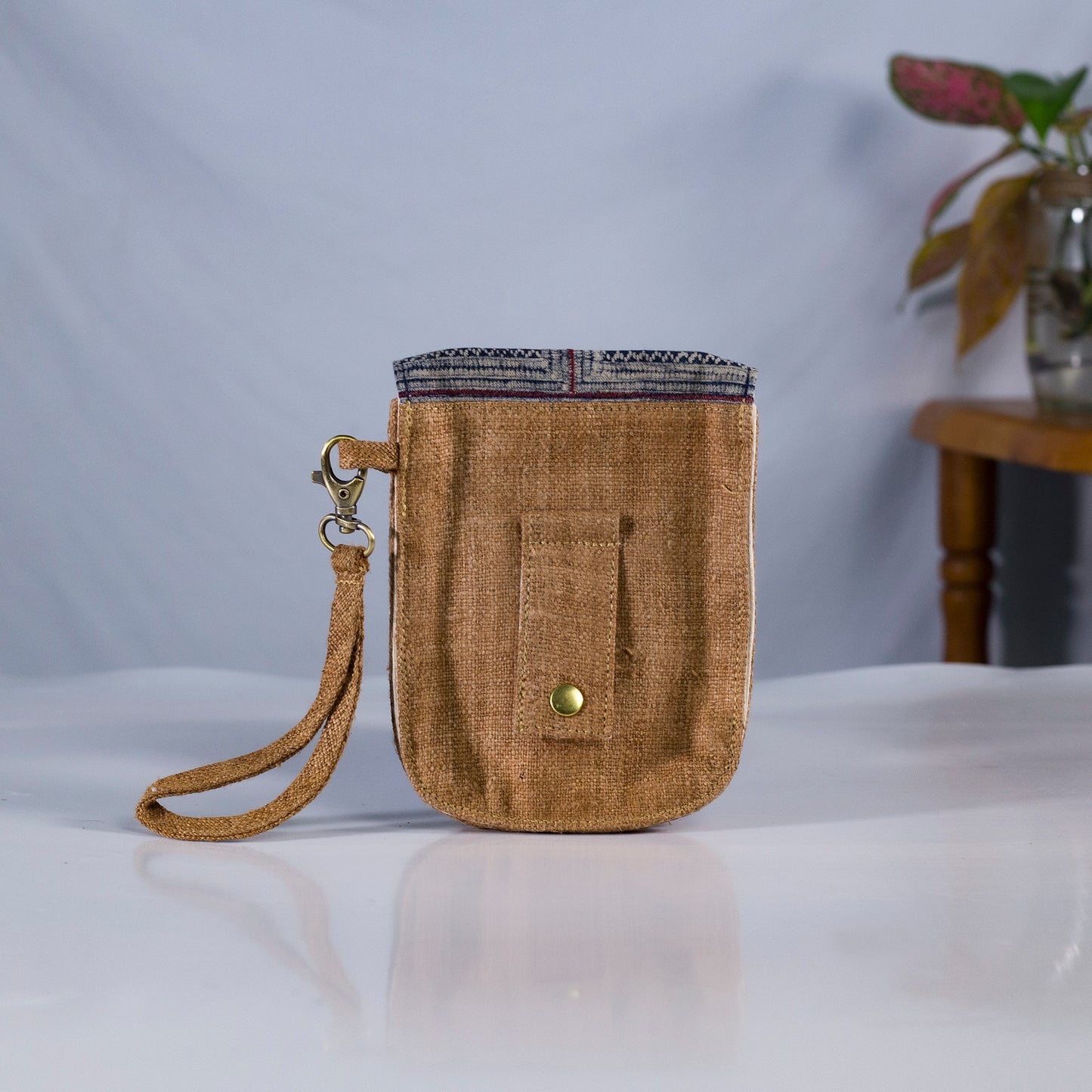 Flip phone belt bag, wrist bag option, natural hemp in BROWN color