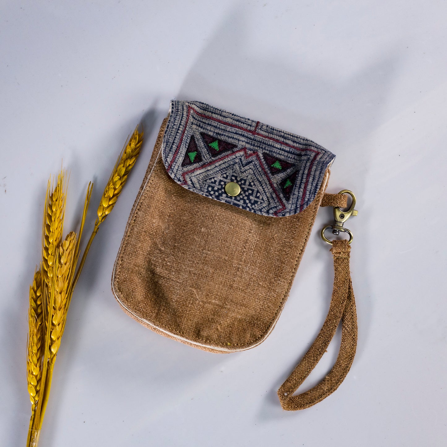 Flip phone belt bag, wrist bag option, natural hemp in BROWN color