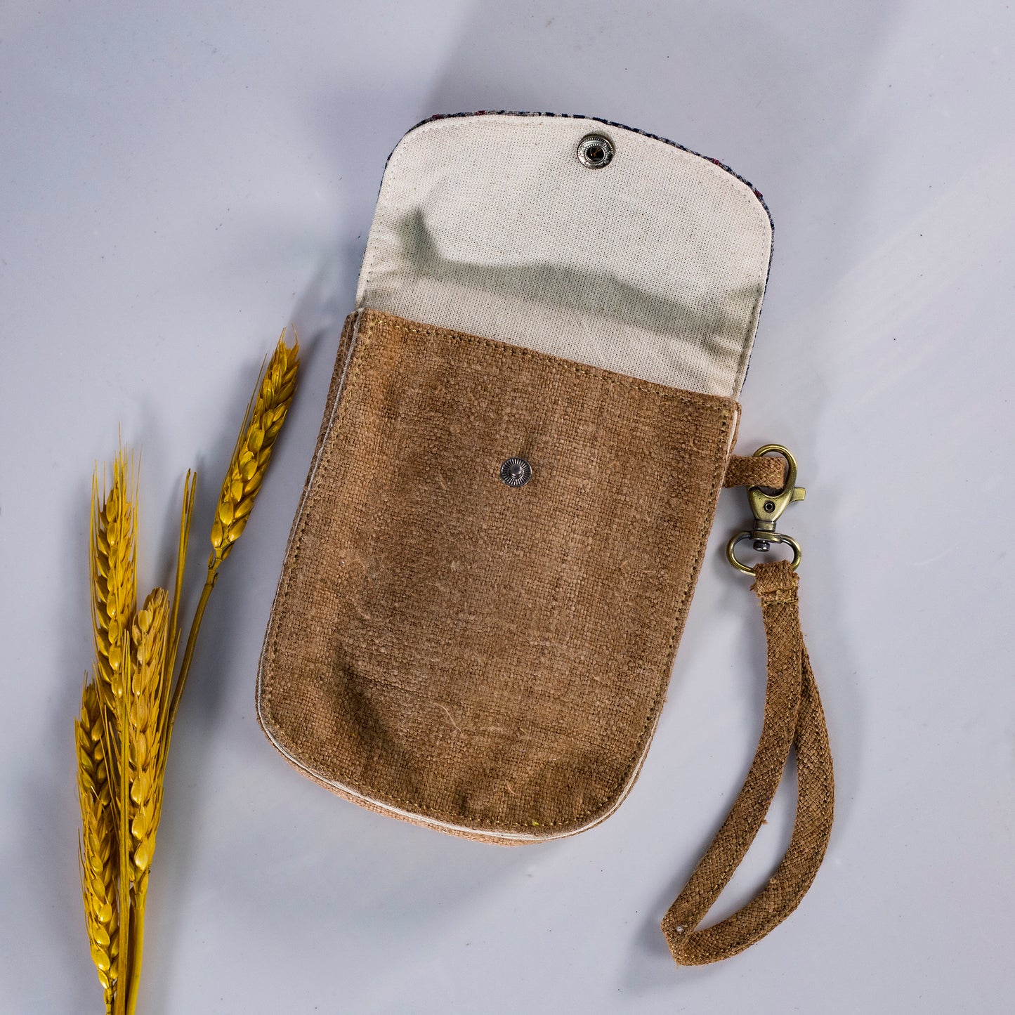 Flip phone belt bag, wrist bag option, natural hemp in BROWN color