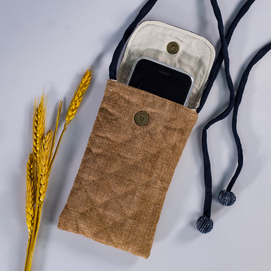 Cross-body phone bag, BROWN hemp with batik fabric