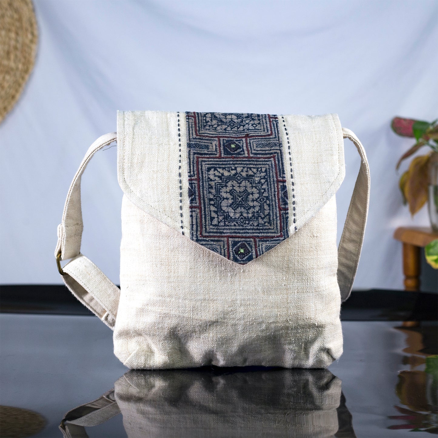 Purity Collection: Cross-body bag, natural hemp in WHITE with vintage patch