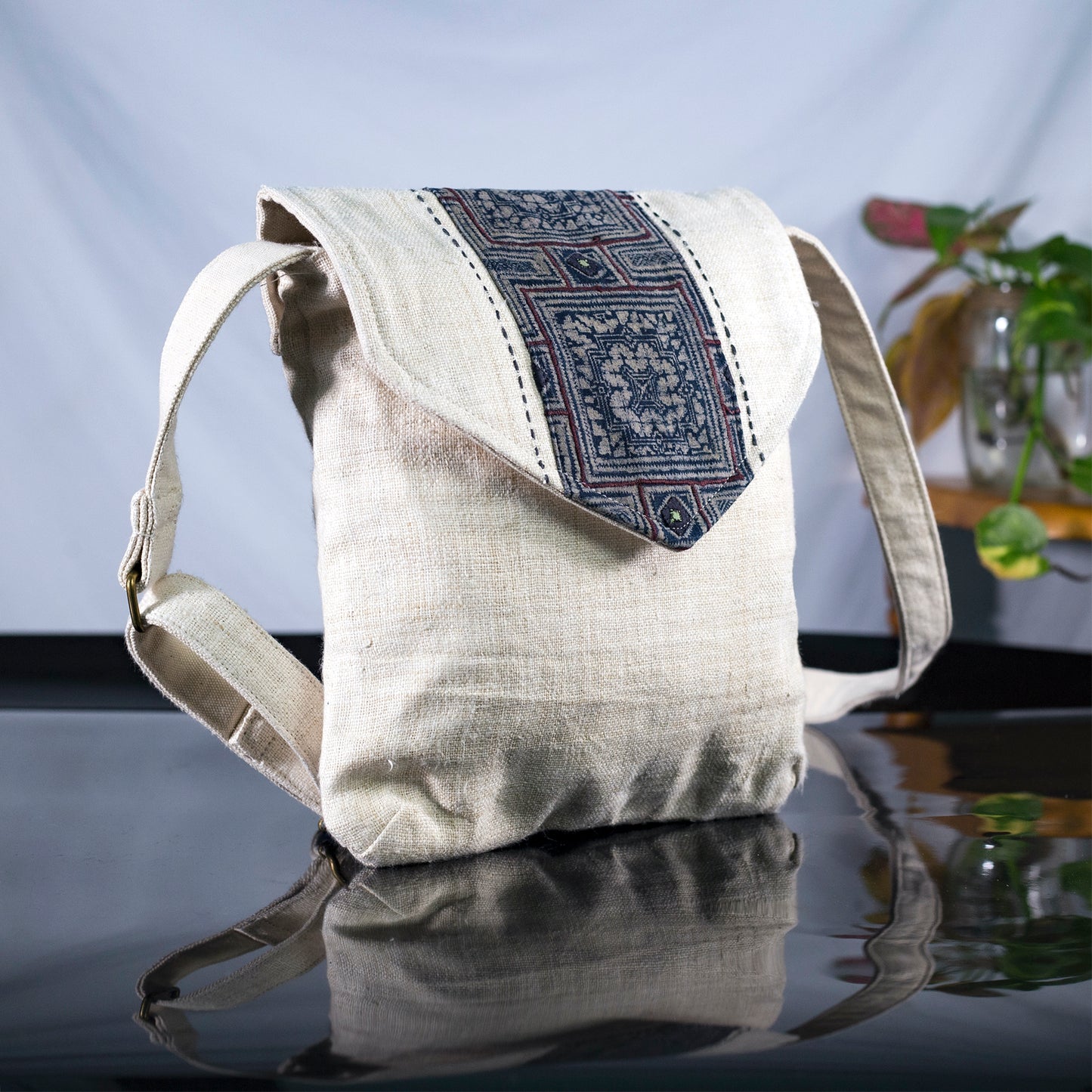 Purity Collection: Cross-body bag, natural hemp in WHITE with vintage patch