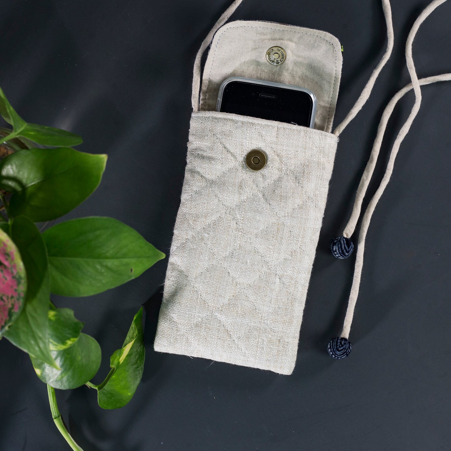 Cross-body phone bag, WHITE hemp with batik fabric