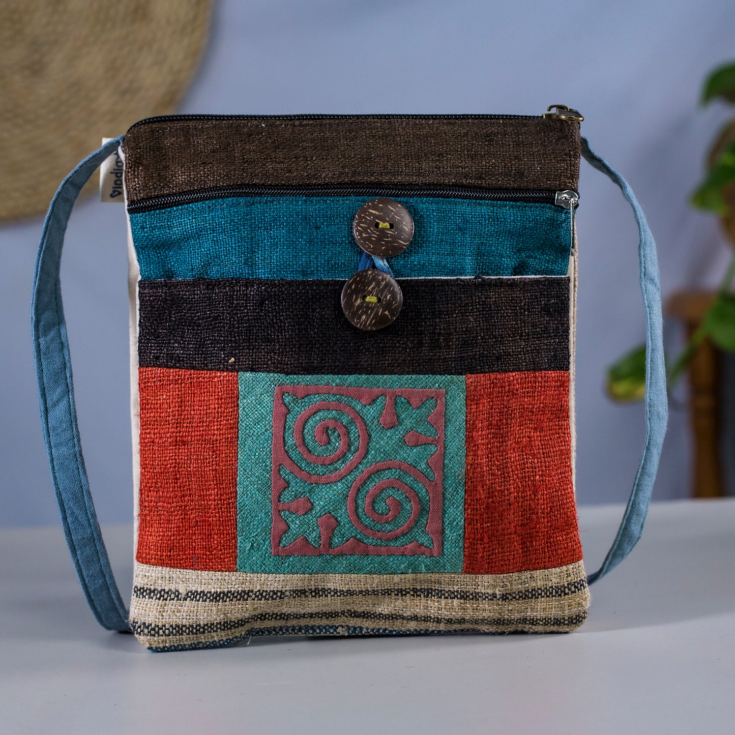 Unique Hemp cross shoulder bag, naturally dyed, mix colors, hand-embroidered