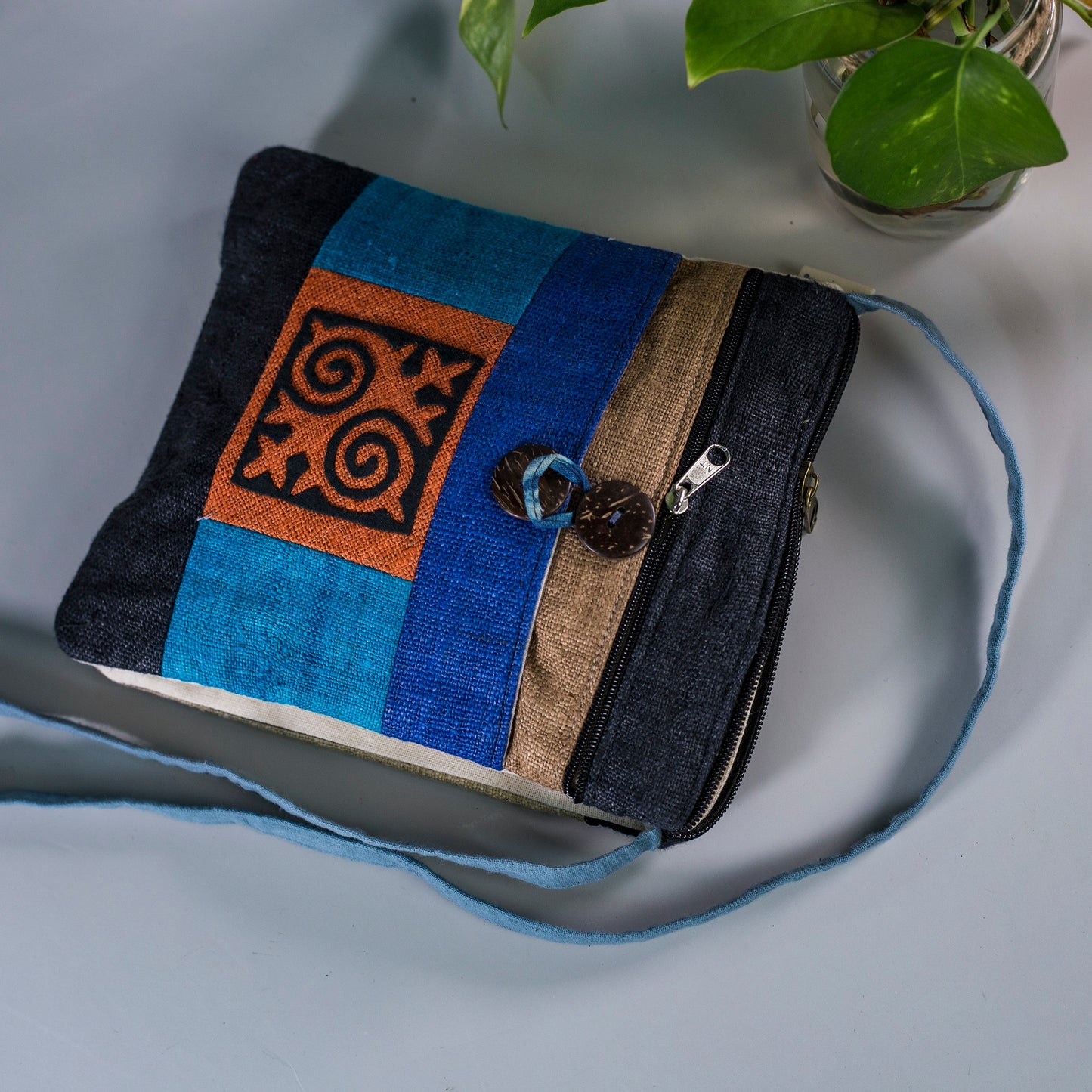 Unique Hemp cross shoulder bag, naturally dyed, mix colors, hand-embroidered