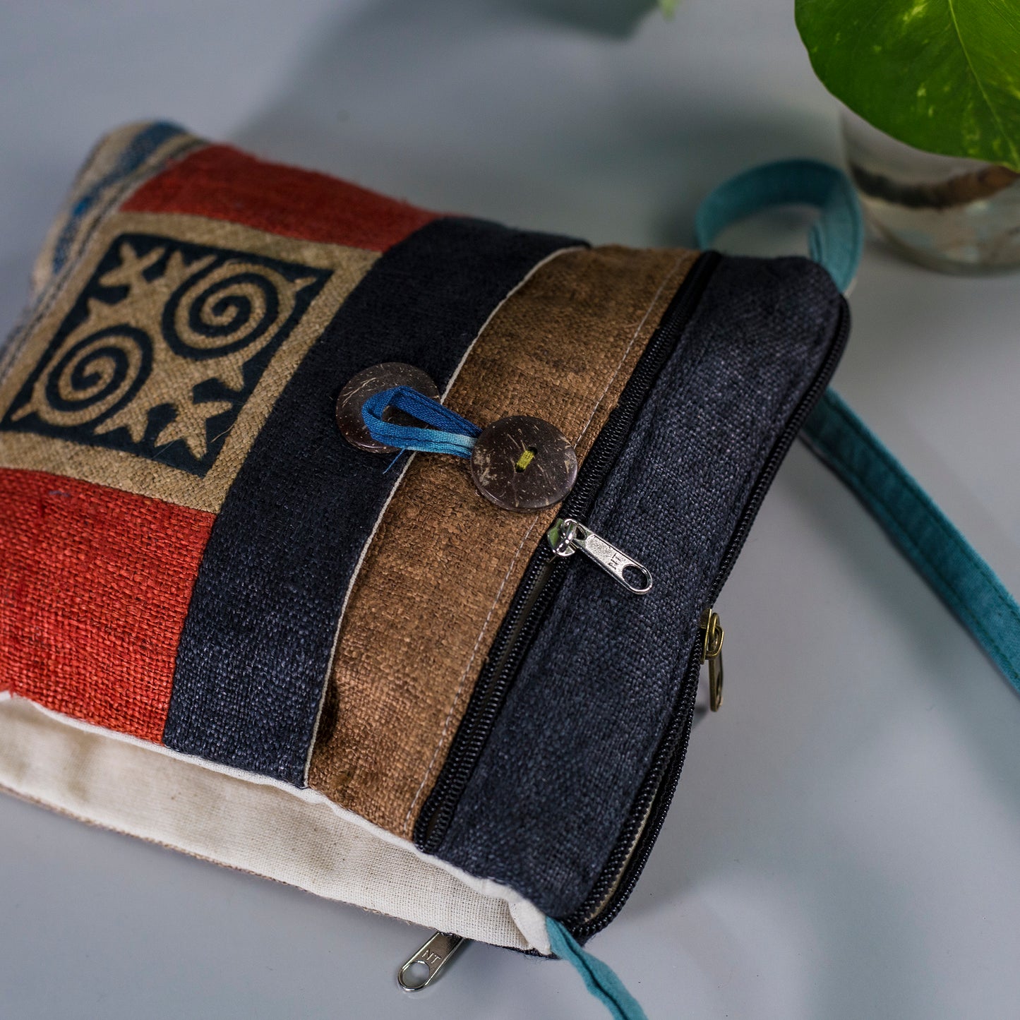 Unique Hemp cross shoulder bag, naturally dyed, mix colors, hand-embroidered