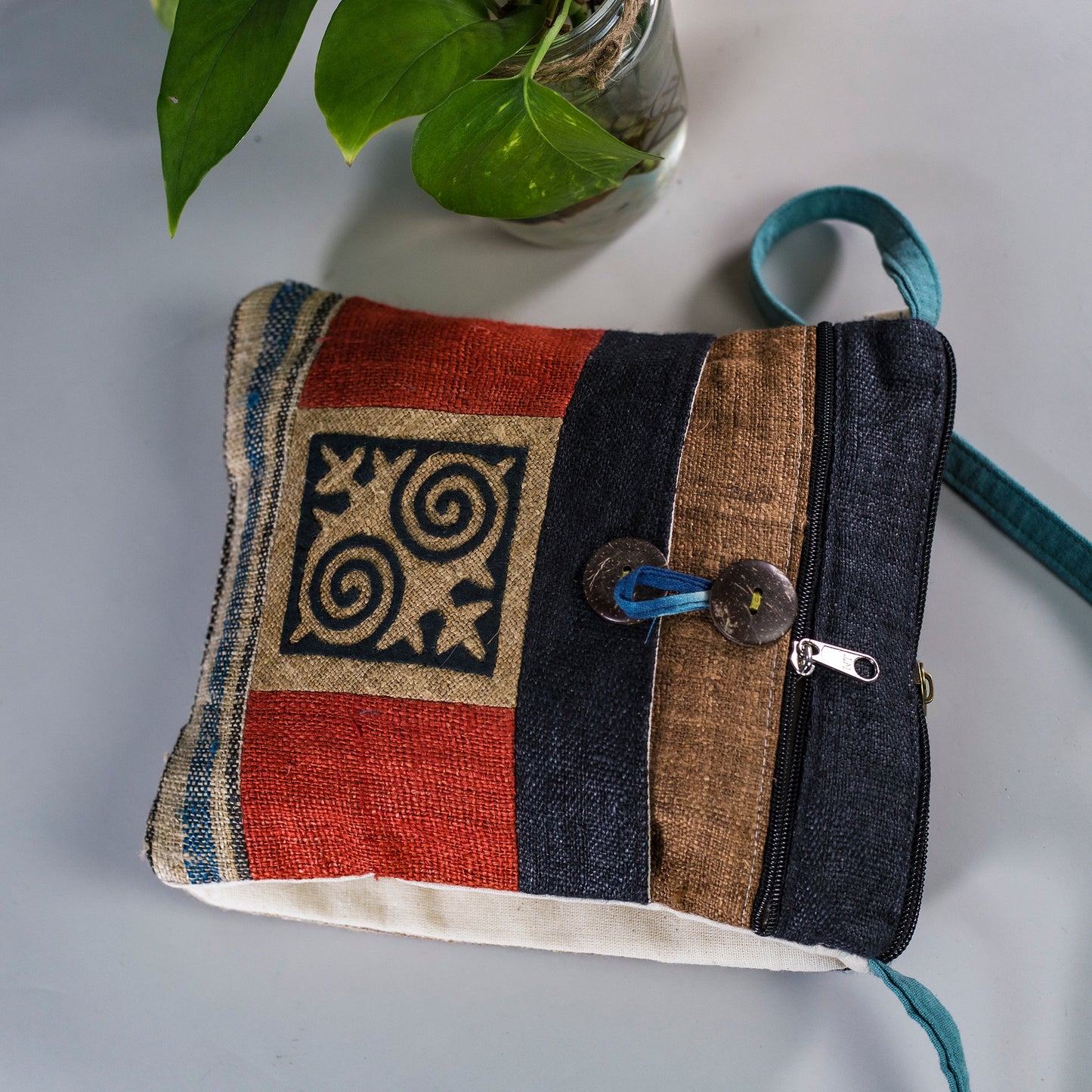 Unique Hemp cross shoulder bag, naturally dyed, mix colors, hand-embroidered