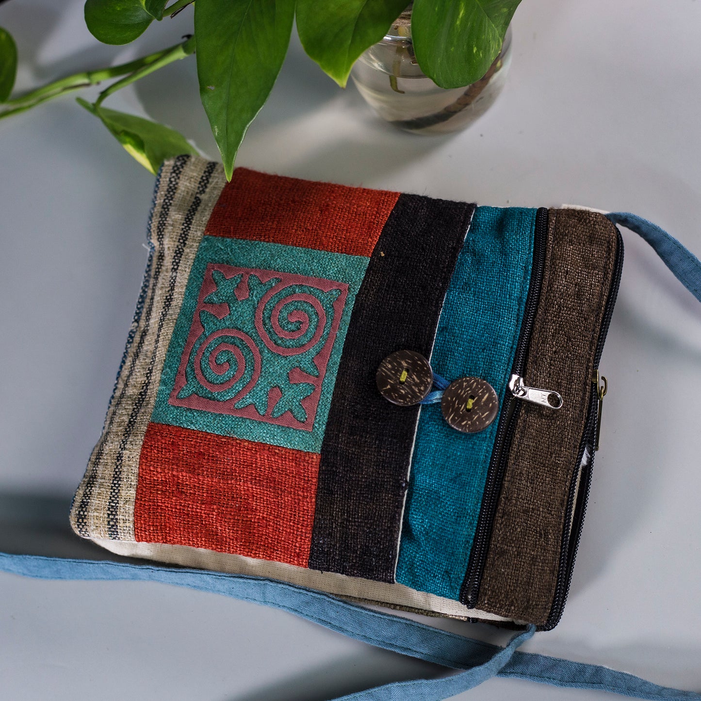 Unique Hemp cross shoulder bag, naturally dyed, mix colors, hand-embroidered