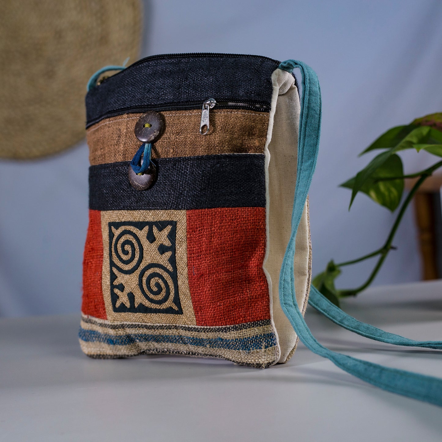 Unique Hemp cross shoulder bag, naturally dyed, mix colors, hand-embroidered