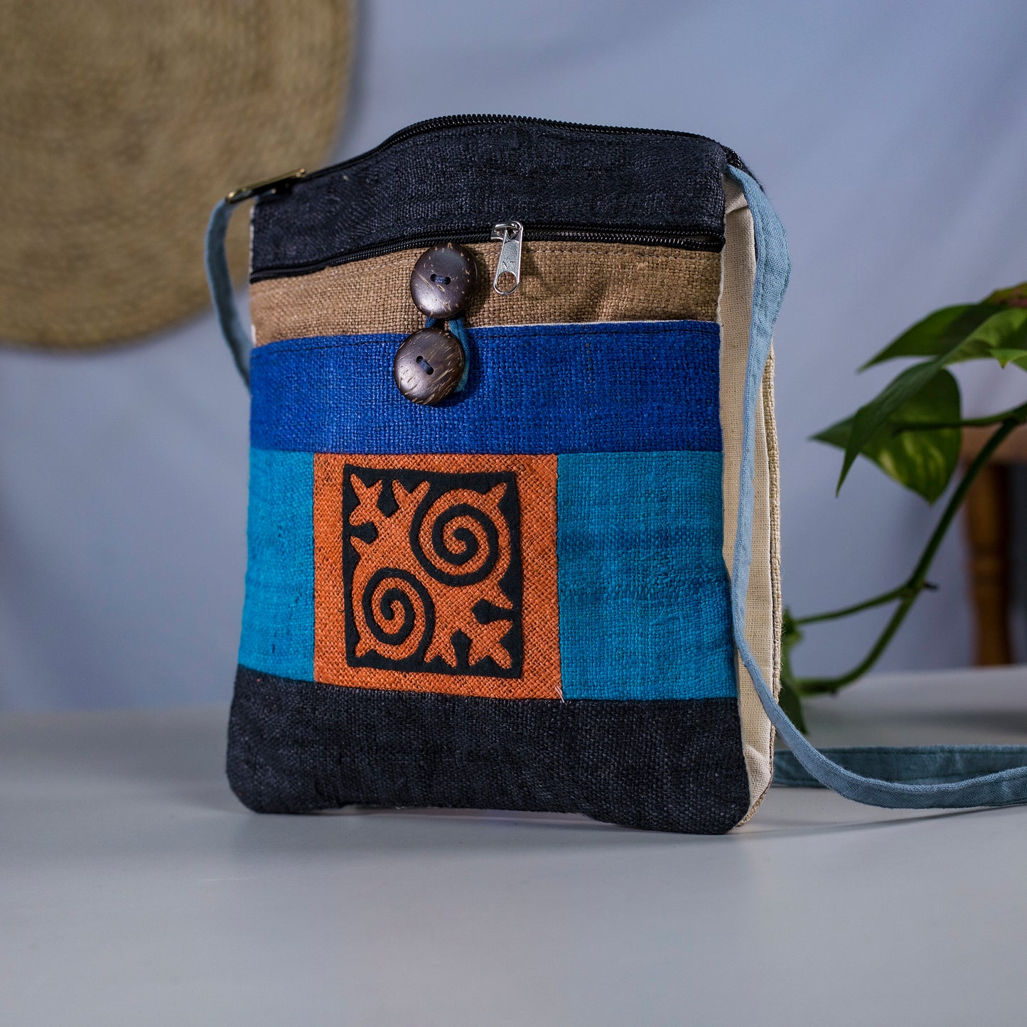 Unique Hemp cross shoulder bag, naturally dyed, mix colors, hand-embroidered