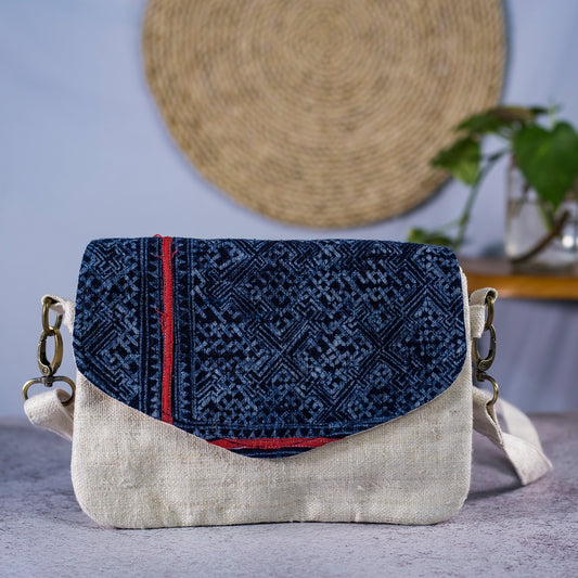 Unique folded cross-body bag in natural hemp and batik flap in dark-blue indigo