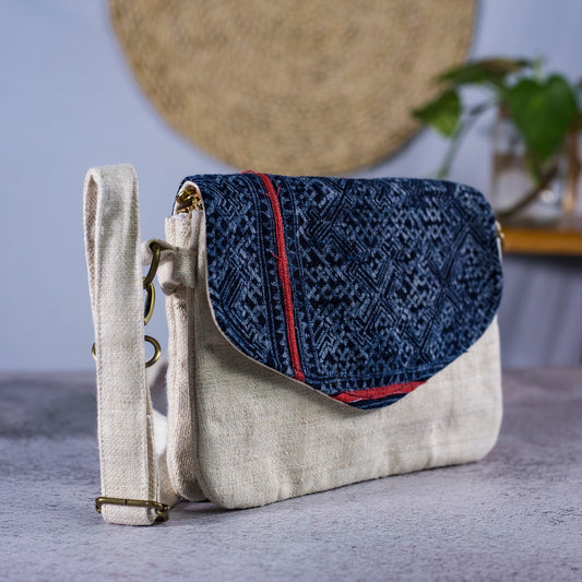 Unique folded cross-body bag in natural hemp and batik flap in dark-blue indigo