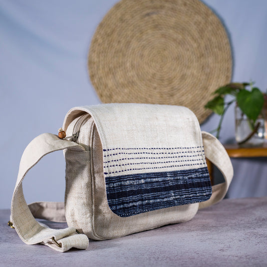 Natural hemp cross-body bag, batik and hand-stitched flap