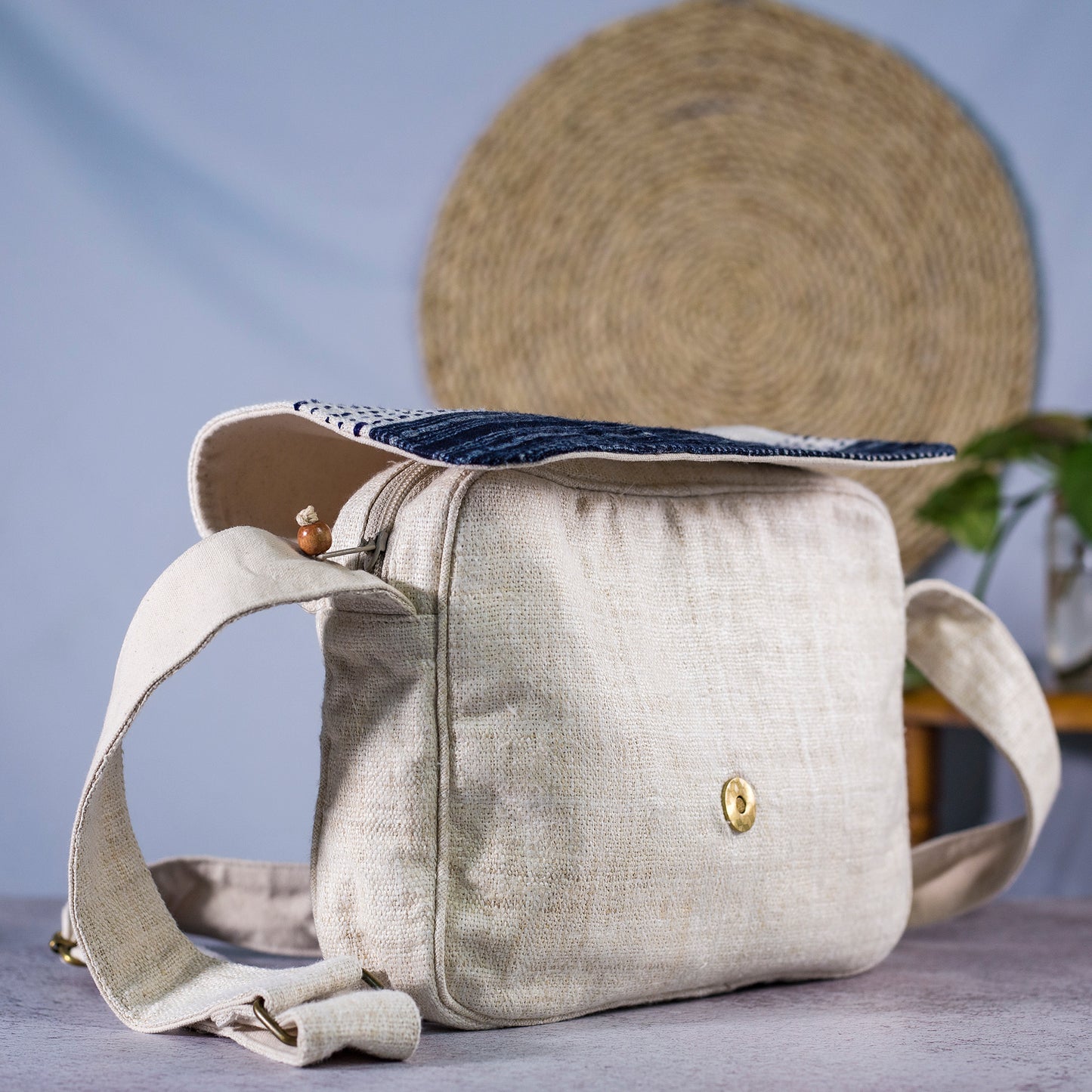 Natural hemp cross-body bag, batik and hand-stitched flap